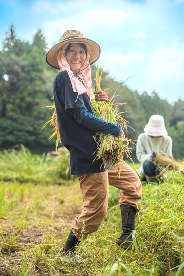 収穫した稲を手に、田んぼで笑顔を見せる春和のぞみさん